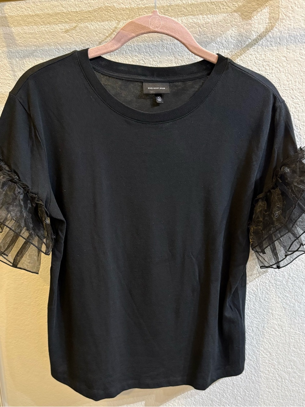 Who What Wear Black Tee with Sheer Ruffle Sleeves